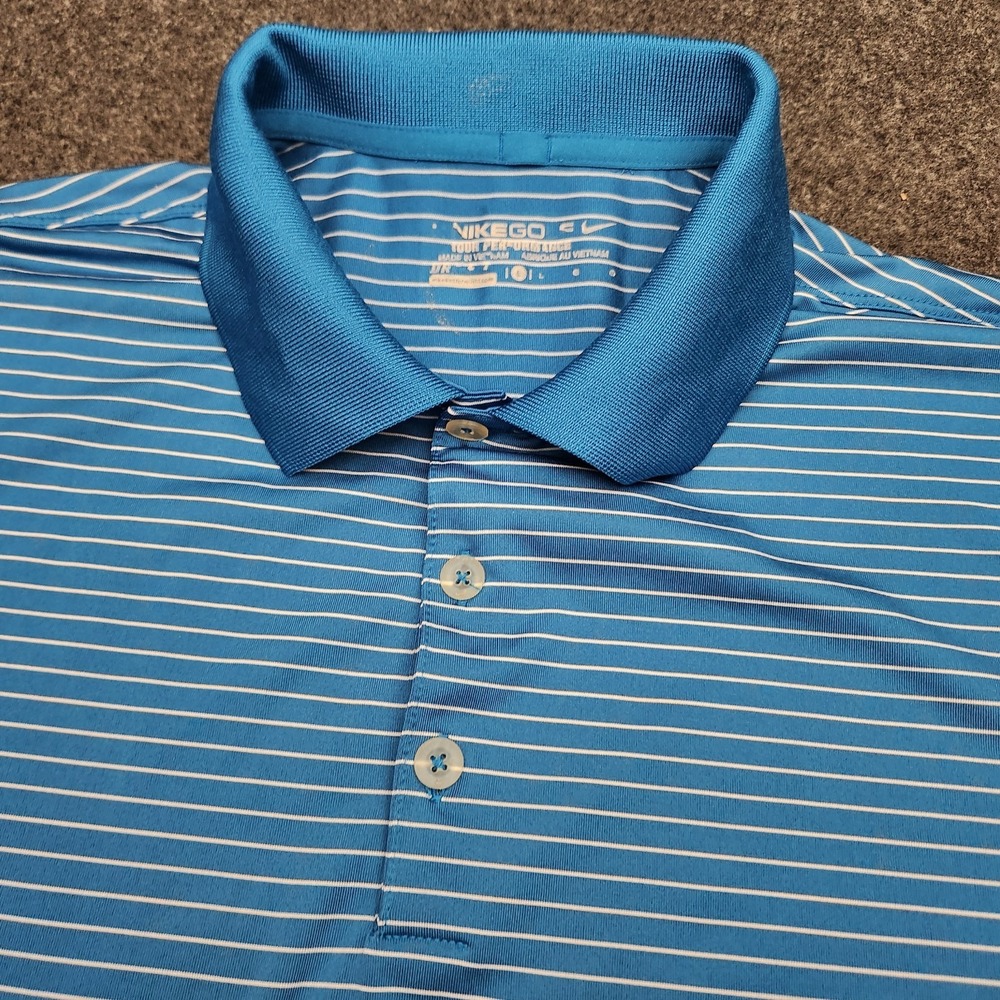 Nike Golf Mens‎ Large Tour Performance Dri-Fit Blue White Striped Polo Shirt